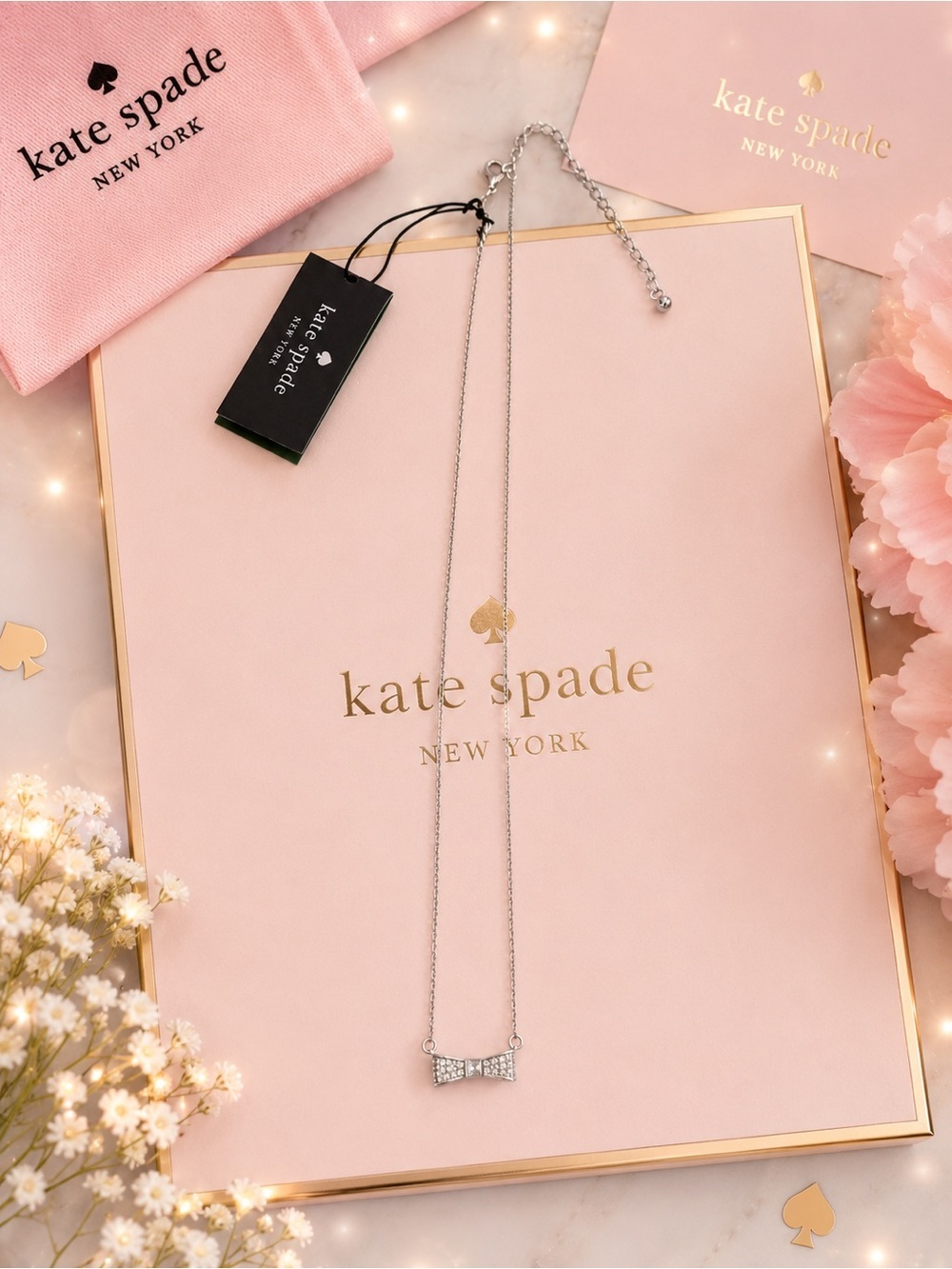 Kate Spade New York Crystal Bow Necklace | Antique Silver Tone
